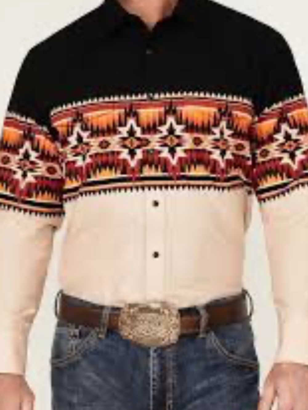 Vintage Panhandle Men's Southwestern Print Button-Down Shirt - Black & Cream
